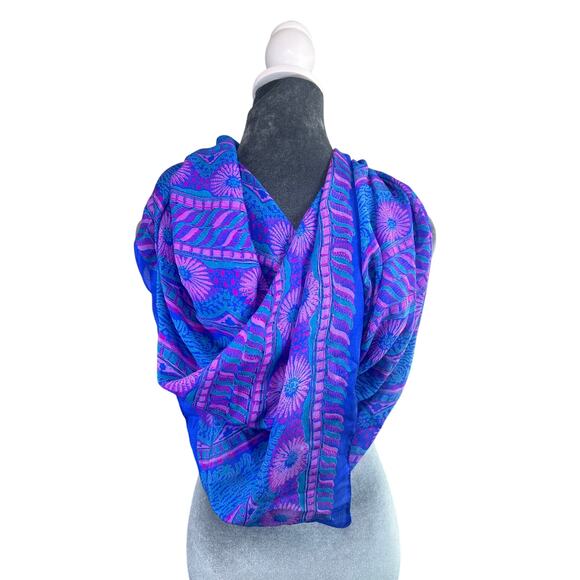 Vintage Silky Semi Sheer Royal Blue Purple Square Scarf- 39x39"- flowers - Picture 6 of 6